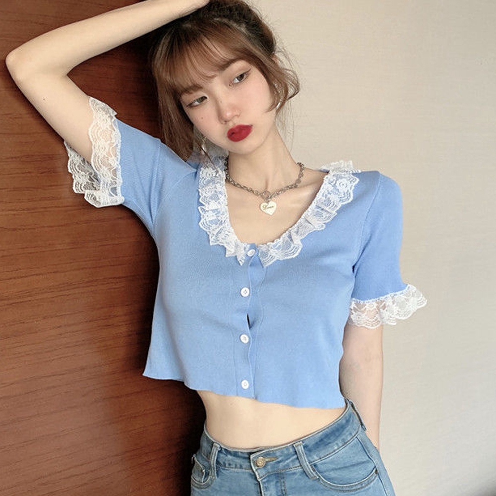 Áo Croptop Dệt Kim Tay Ngắn Cổ Chữ V Phối Ren Xinh Xắn Cho Nữ