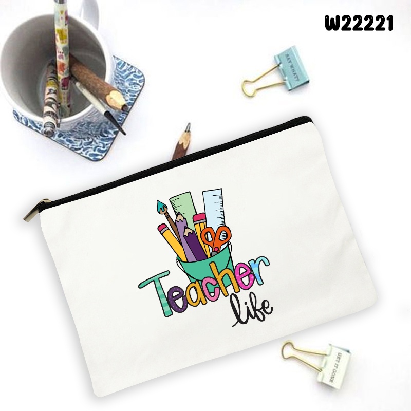 Túi Vải canvas Đựng Bút Chì In Chữ teacher life Dùng Khi Đi Du Lịch