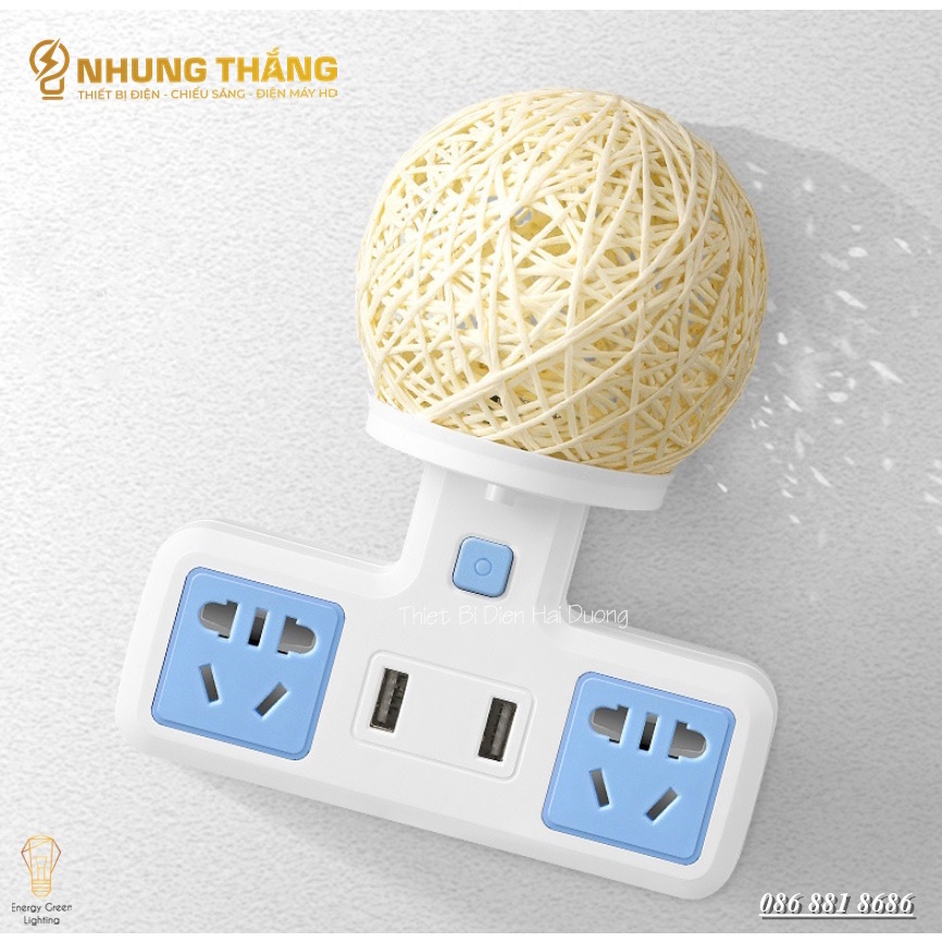 Ổ Cắm Điện Đa Năng - Đèn Ngủ Cầu Mây - 2 Cổng USB , Ổ Chịu Tải 2500W, Chống Cháy Nổ - Tặng Kèm Phích Chuyển Đổi
