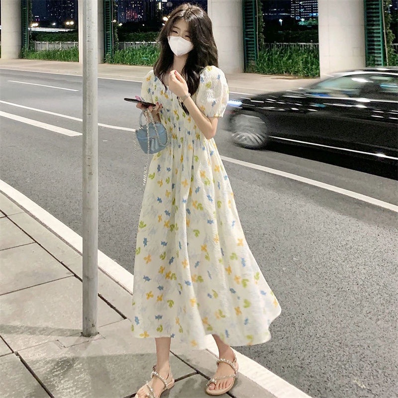 Đầm Midi Dáng Chữ A Cổ Vuông Tay Phồng In Hoa Kiểu Retro Pháp Xinh Xắn Cho Nữ