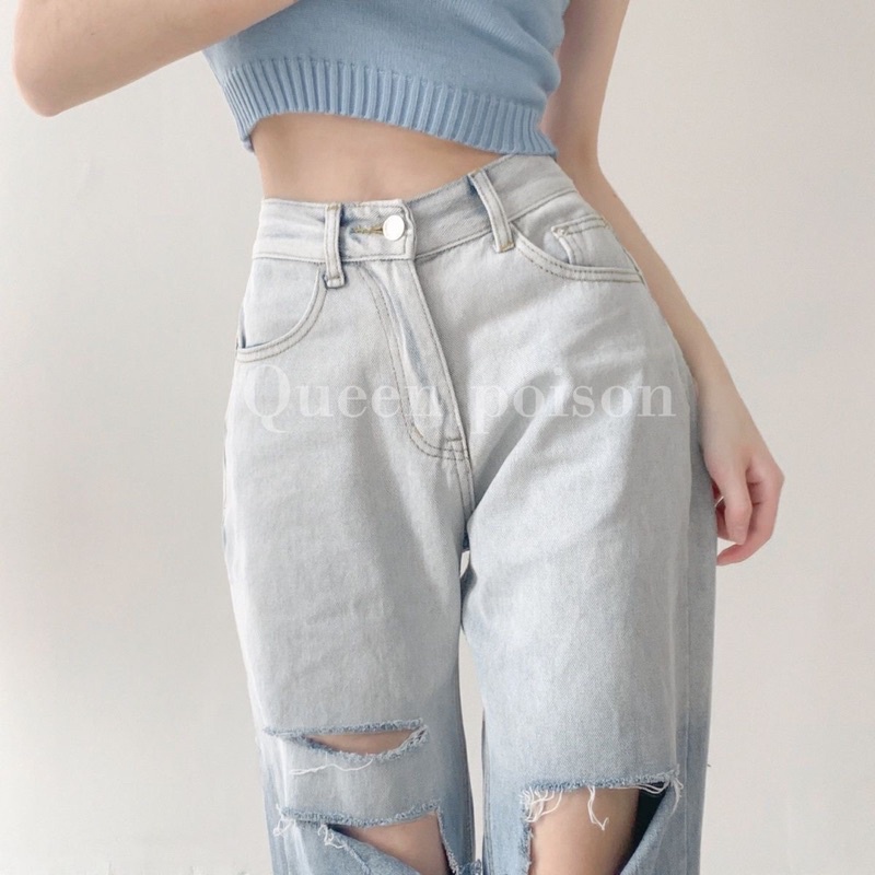 Sẵn M -  Quần bò ombre ống xuông, quần bò cạp cao rách gối ống rộng
