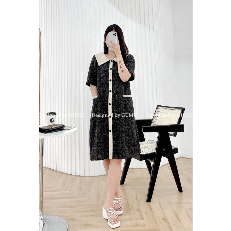 Váy bầu bigsize - Đầm bầu thiết kế GuMe DẠ TĂM CAO CẤP 2 MÀU BE-ĐEN cúc bọc sang chảnh GM047