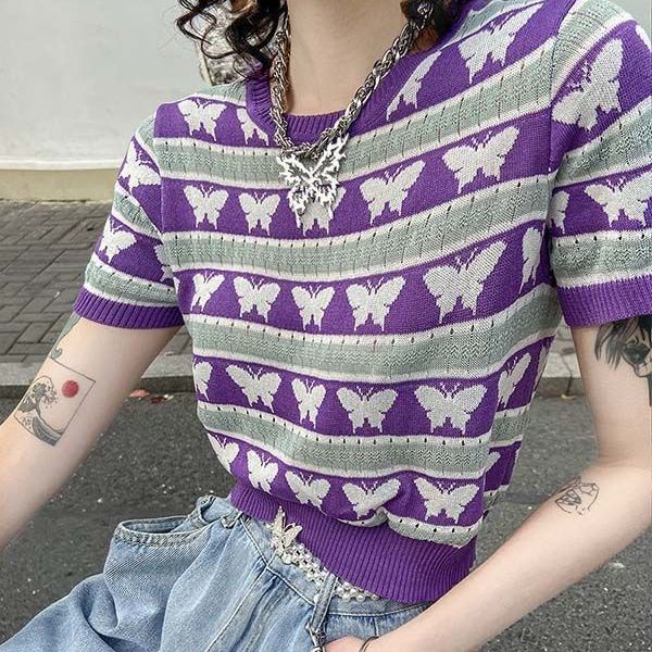 A&MC Tay ngắn phong cách phương tây màu tím bướm jacquard mỏng mỏng mỏng đan len mỏng phụ nữ