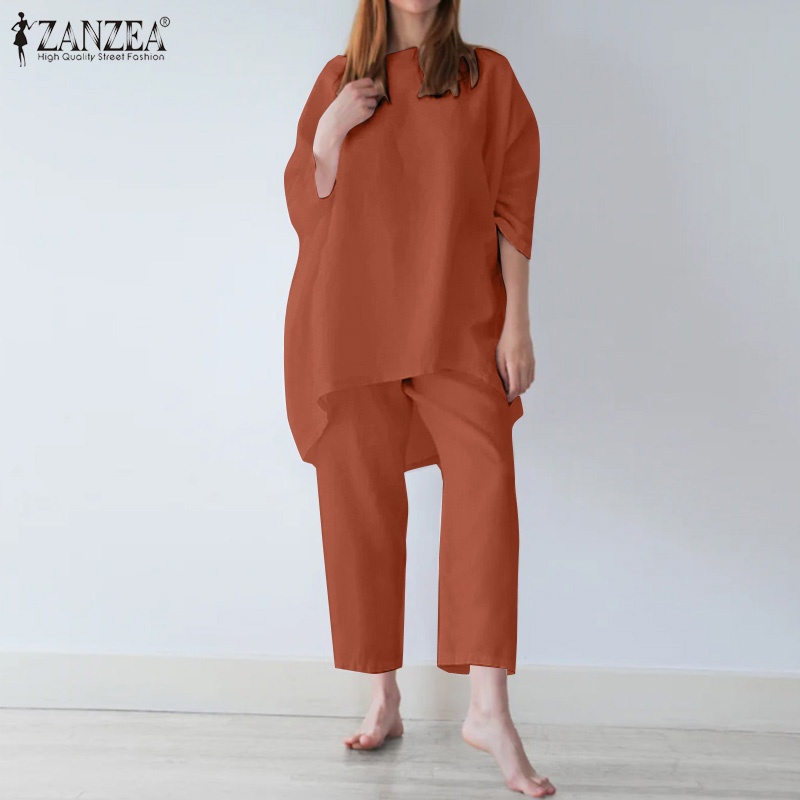 ZANZEA Bộ Áo Tay 3/4 Kiểu Dáng Đơn Giản + Quần Dài Ống Rộng Phong Cách Châu Âu Cho Nữ