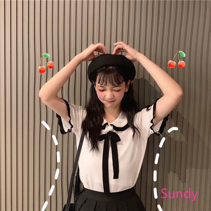 Áo Dệt Kim Tay Ngắn Dáng Rộng Phối Nơ Xinh Xắn Dành Cho Nữ