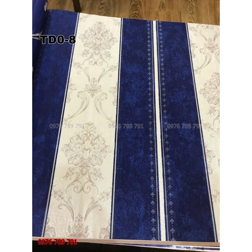 Giấy Dán Tường Hoa Văn Cổ Điển Dải Dọc Cho Phòng Khách Màu Xanh, Vàng, Lụa Không Keo, Khổ 53 cm