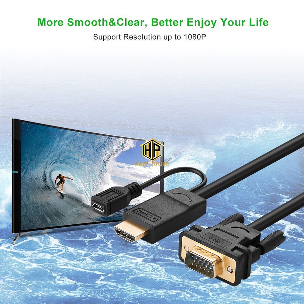 [Mã ELHACE giảm 4% đơn 300K] Cáp chuyển HDMI sang VGA Ugreen 30449 dài 1,5m hỗ trợ Full HD cao cấp - Hapustore
