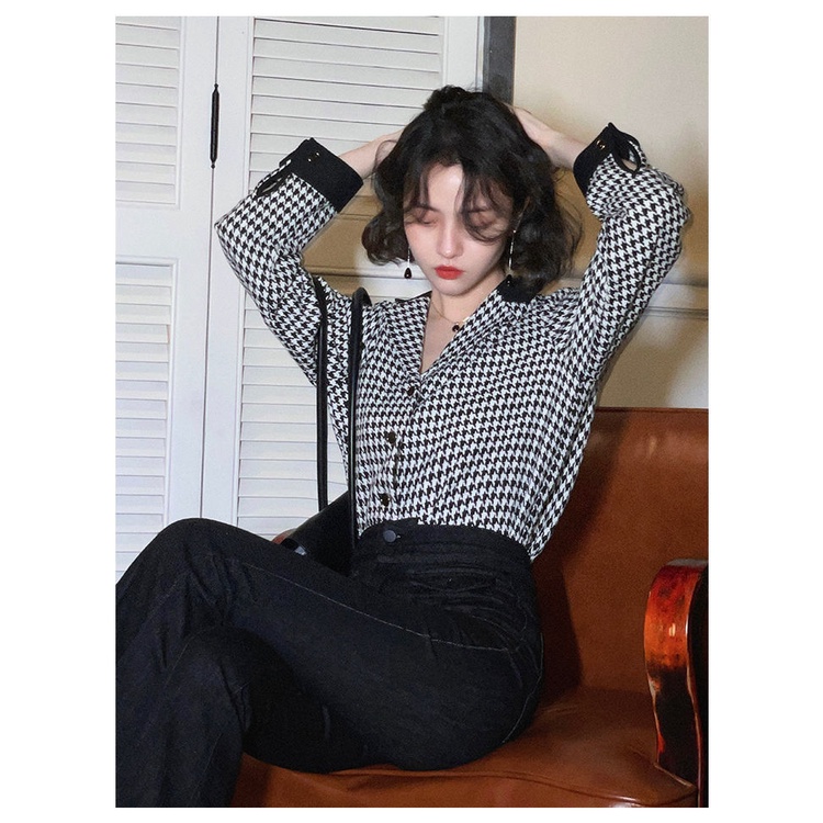 Áo Sơ Mi Chiffon Dài Tay Họa Tiết Houndstooth Phong Cách Retro Hong Kong Cho Nữ
