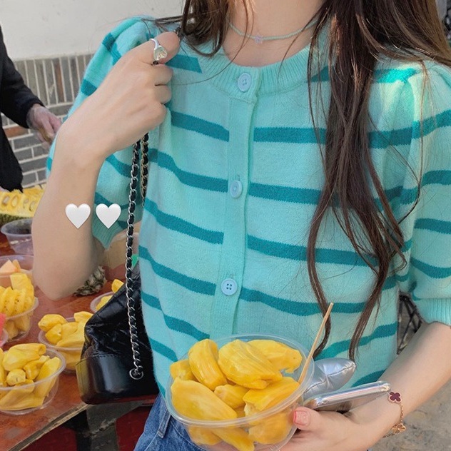 Áo cardigan ZHELIHANGFEI len cổ tròn tay ngắn phồng họa tiết kẻ sọc màu sắc tương phản thời trang