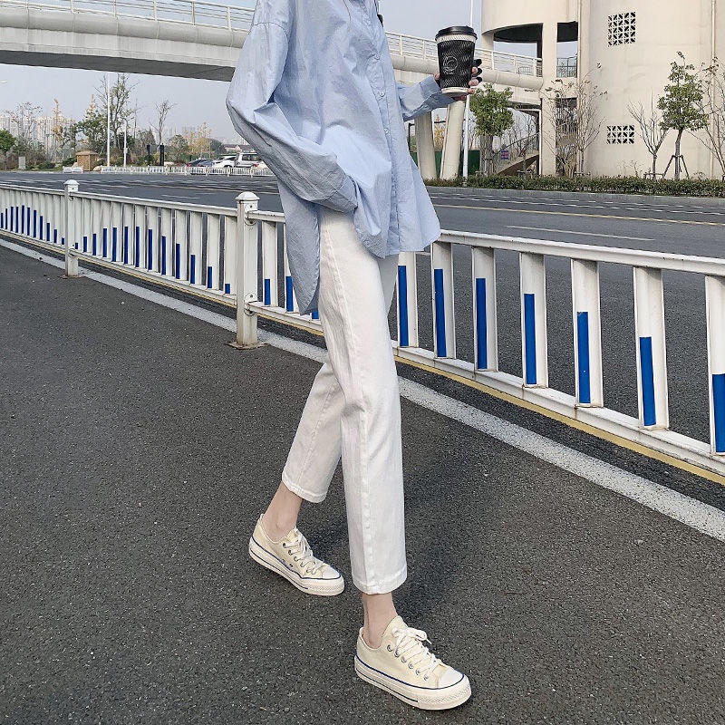 quần bò nữ new solid color Korean high-waisted loose slim straight cigarette pants