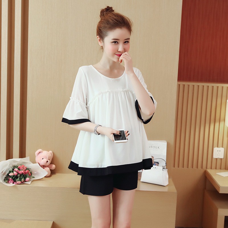 Áo bầu babydoll tiểu thư trắng phối viền đen mặc trước và sau sinh A089