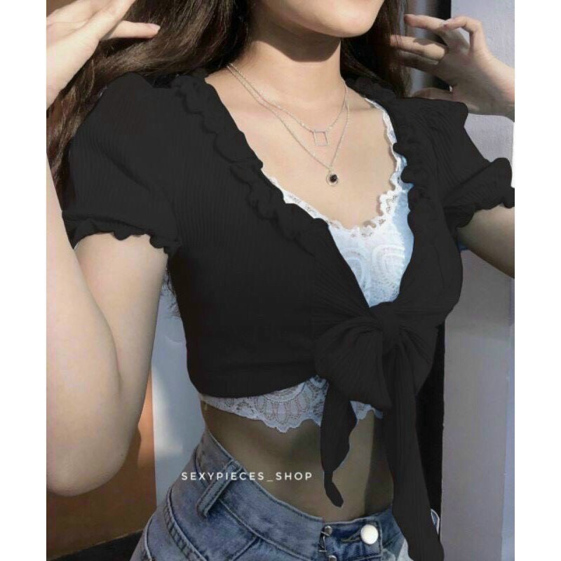 Áo cột giữa tay ngắn Chất thun gân cực đẹp, Áo buộc nơ giữa ngực croptop cực sexy