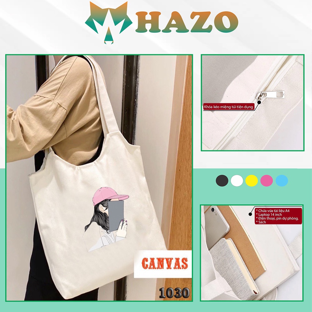 TÚI TOTE TRẮNG CHẤT VẢI CANVAS 515 1030 CÔ GÁI CHE MẶT DỄ THƯƠNG HÀNG CHUẨN ĐẸP