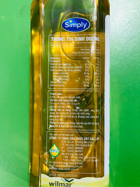 Dầu ăn gạo lứt nguyên chất Simply 1L (date mới nhất)