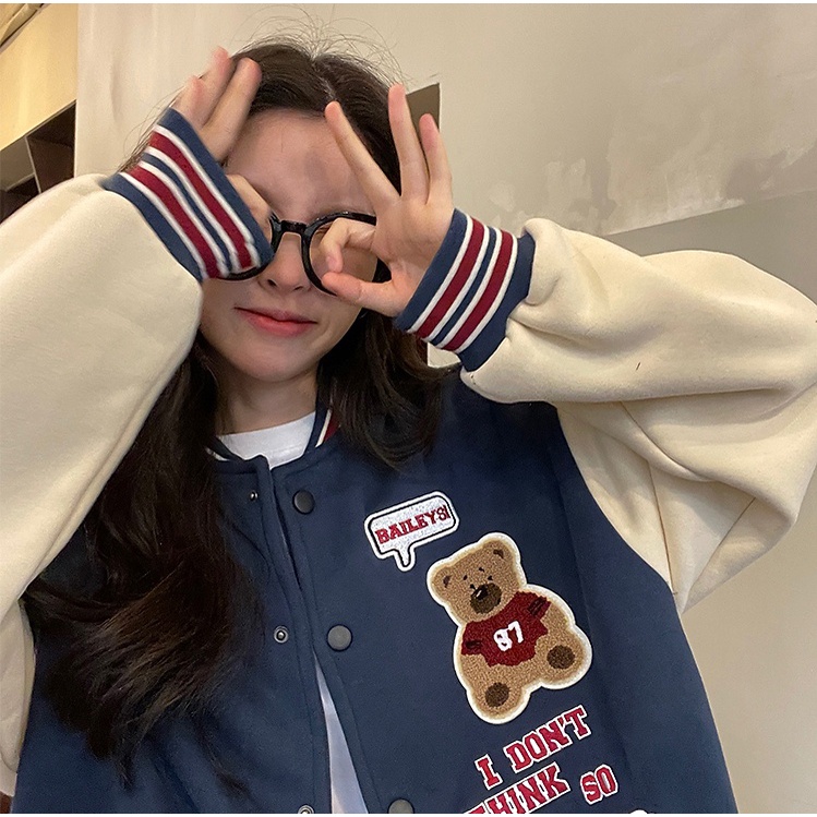 Áo khoác bóng chày ZHELIHANGFEI dáng rộng in hình gấu phong cách hip hop thời trang cá tính