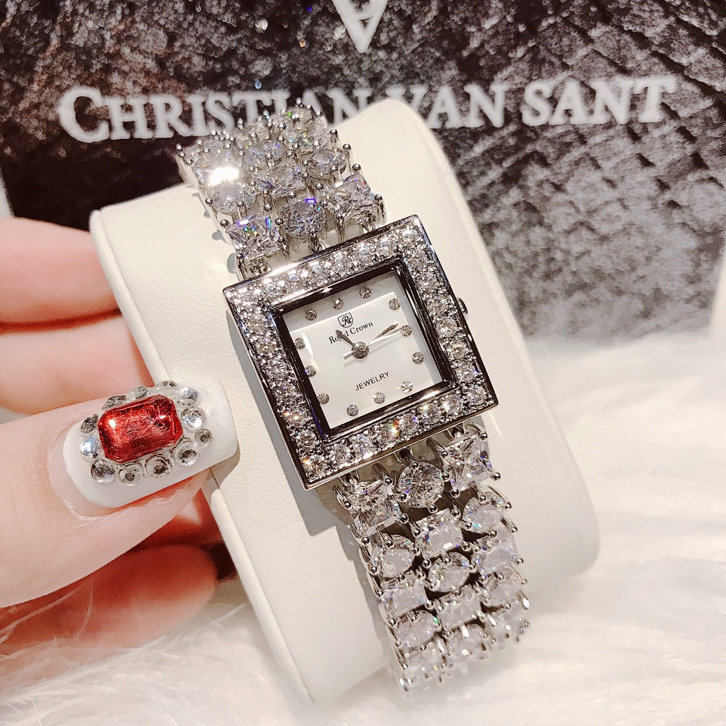 Đồng Hồ Royal Crown Nữ Mặt Vuông Đính Đá Silver 30mm Chính Hãng