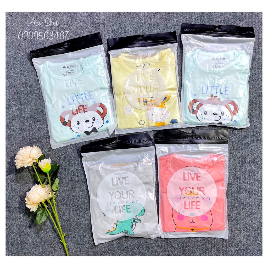 Bộ thun lạnh cộc tay cài vai in hình thú đáng yêu cho bé