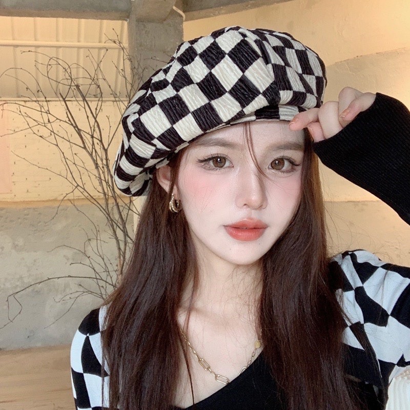 Nón Beret Hoạ Tiết Caro Thời Trang Thu Đông
