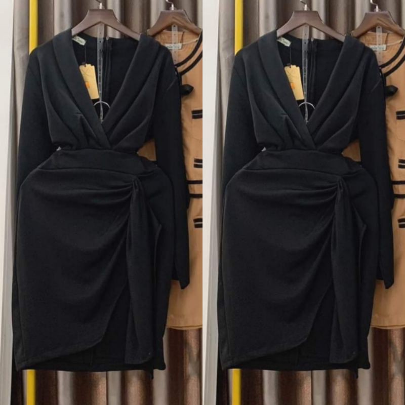 Đầm Body tay dài cổ V đắp chéo eo phối bèo HÀNG THIẾT KẾ