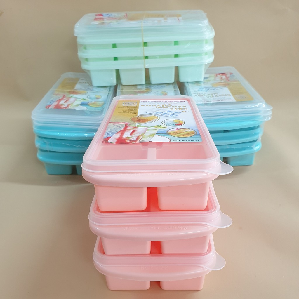 Khay làm đá có nắp chính hãng Việt Nhật, vỉ làm đá loại 8 viên có nắp đạy, chất liệu nhựa dẻo cao cấp