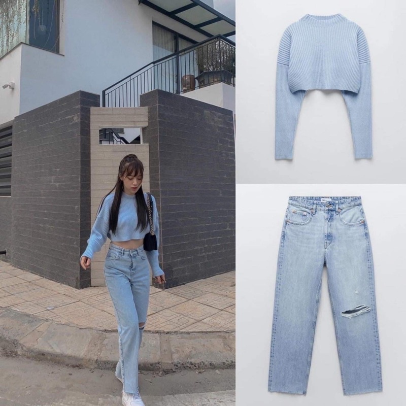 Quần Bò Rách Gối  Nữ  🌸 Jean suông ống rộng, cullotes cạp cao màu xanh cá tính Ulzzang 🌸