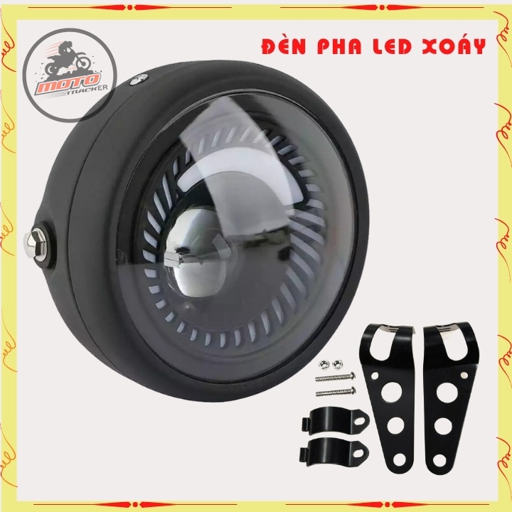 Đen led pha cao cấp, đèn xe máy độ CAFE RACER dạng xoắn gáo sắt sơn đen mặt kính