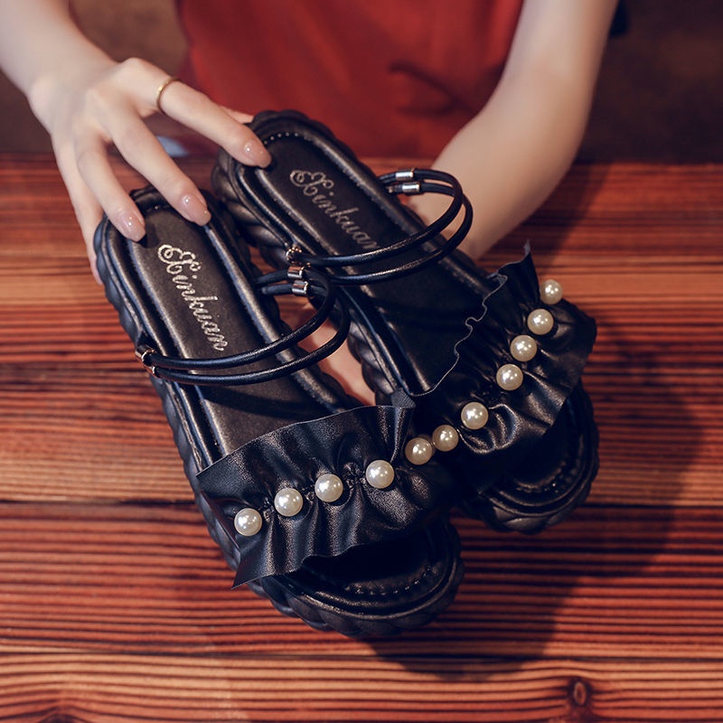 [Hàng Có Sẵn]~ Dép Sandal Đế Dày Hai Quai Đính Ngọc Trai Phong Cách Mùa Hè Mới 2020 Cho Nữ