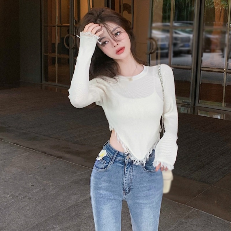 Áo Sweater Dệt Kim Tay Dài Cổ Tròn Phối Tua Rua Màu Sắc Đơn Giản Cho Nữ