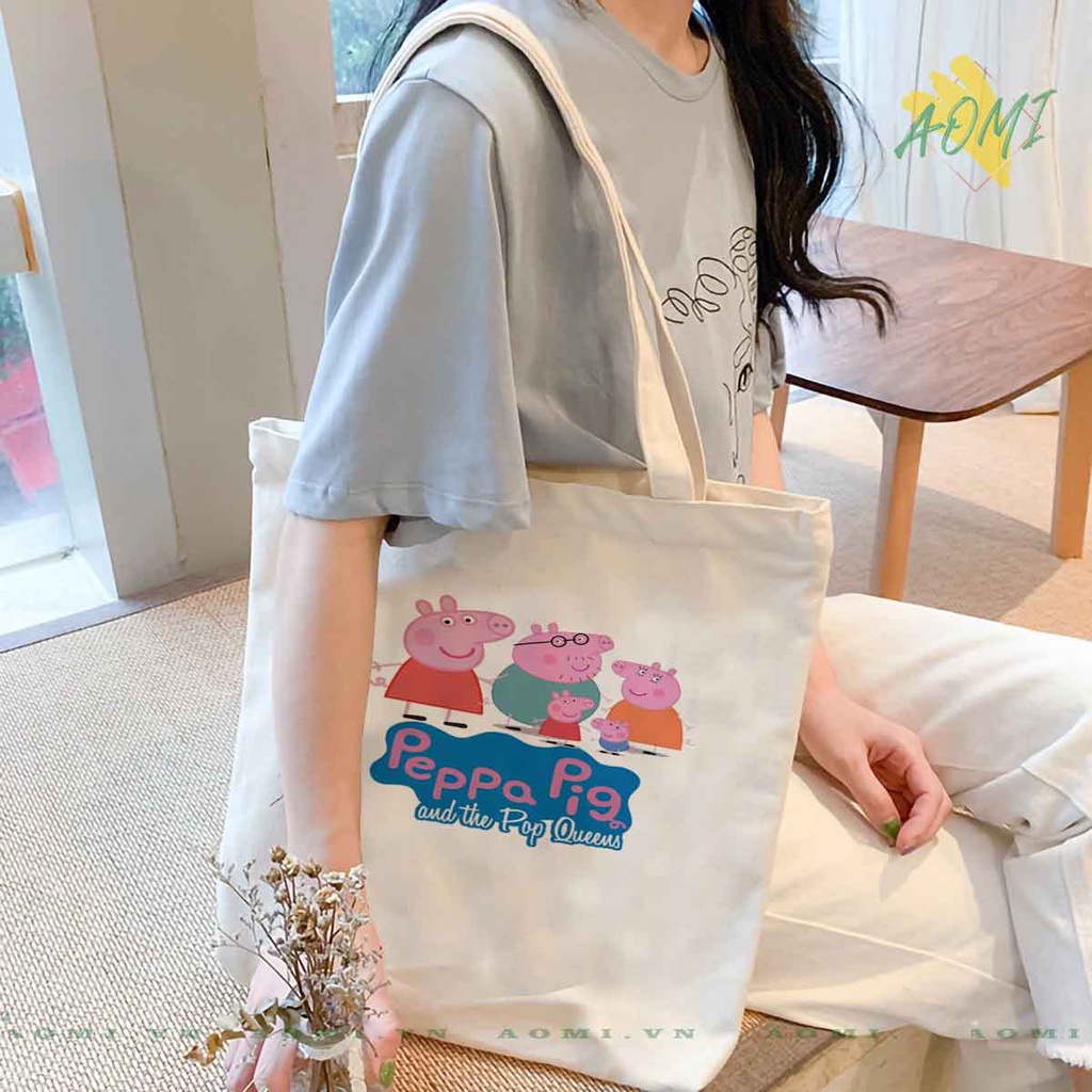 TOTE CANVAS heo peppa TÚI VẢI ĐEO VAI BAG CÓ KHÓA KÉO SIZE LỚN 33x38cm AOMIVN DU LỊCH DẠO PHỐ