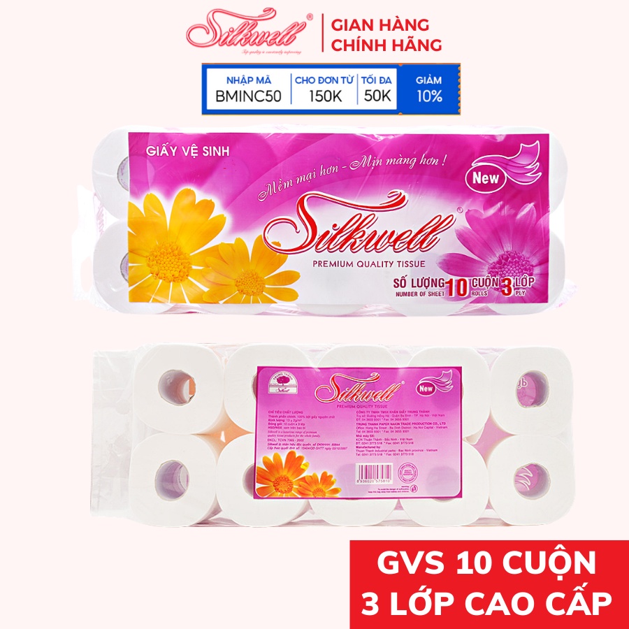 Giấy vệ sinh Silkwell Tím 10 cuộn 3 lớp có lõi cao cấp siêu mềm mịn không tẩy trắng hàng chính hãng