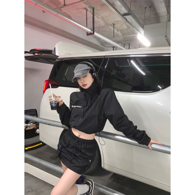 Set Áo Khoác Và Chân Váy Rút Dây Màu Đen Phong Cách Thể Thao Thời Trang Mùa Thu Cho Nữ