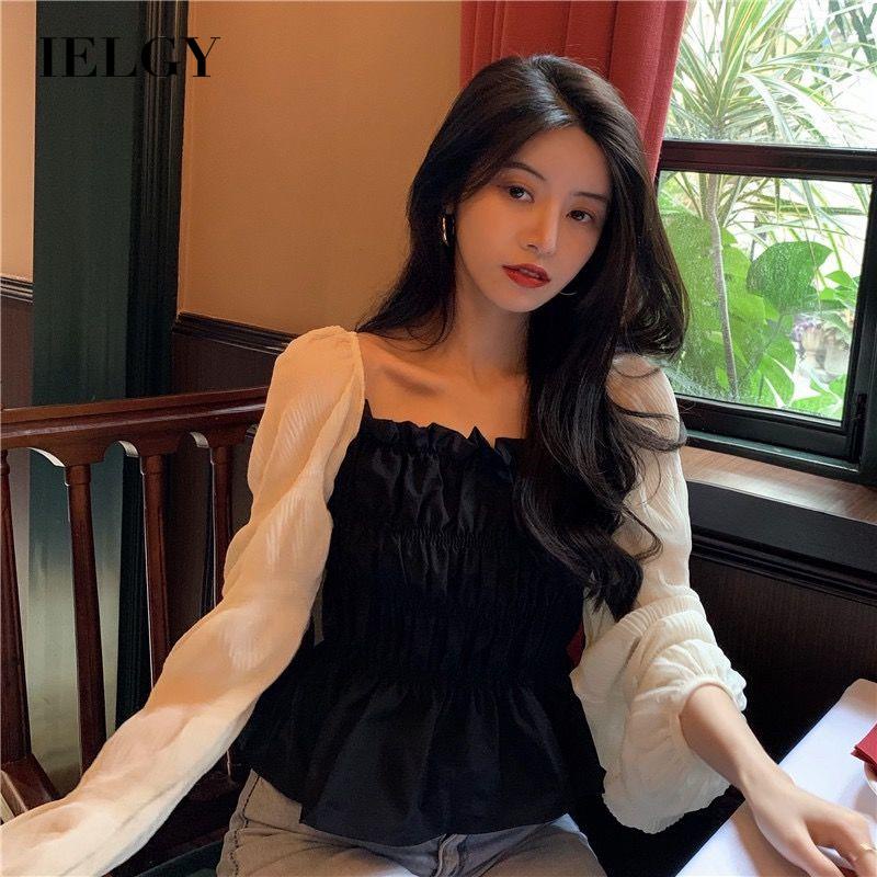 Áo sơ mi IELGY dài tay cổ vuông phong cách Pháp thời trang cho nữ