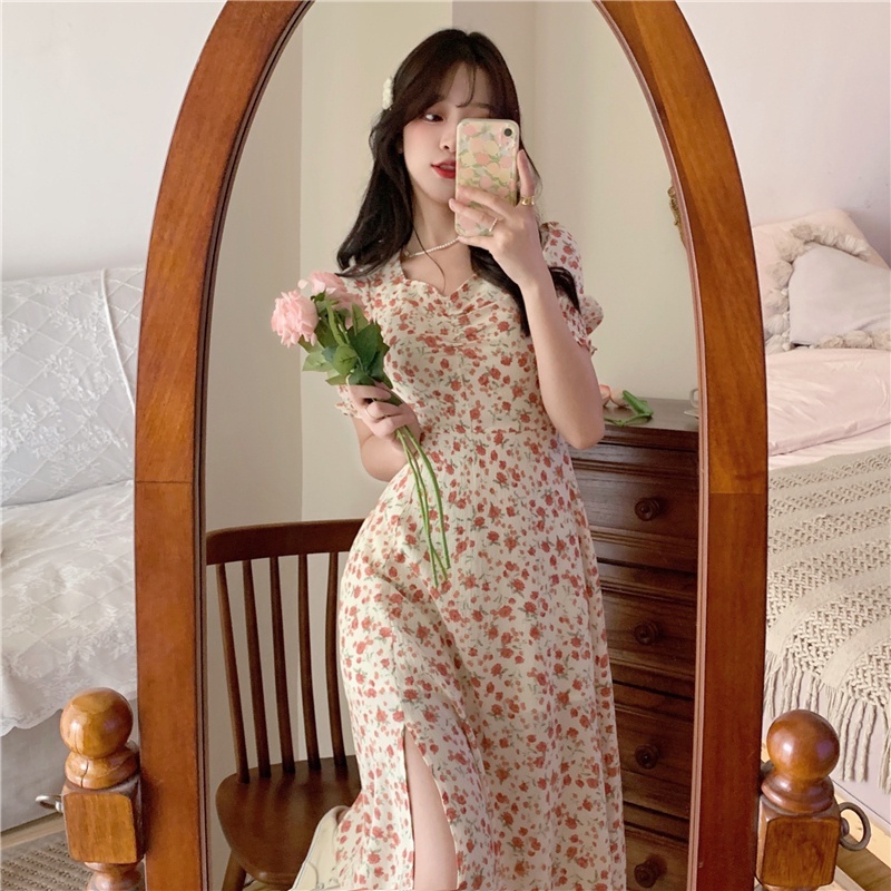 Đầm Hoa Tay Phồng Plus Size Xẻ Tà Thời Trang Mùa Hè Hàn Quốc Cho Nữ