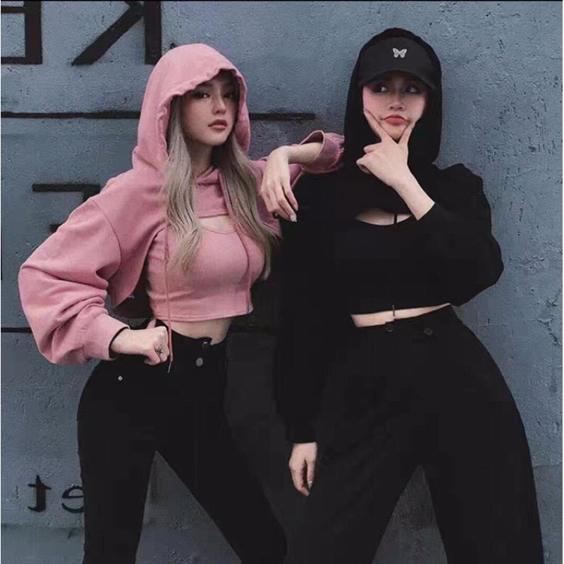 Set Áo Hoodie croptop Sporty kèm áo 2 dây trắng đen xám hồng