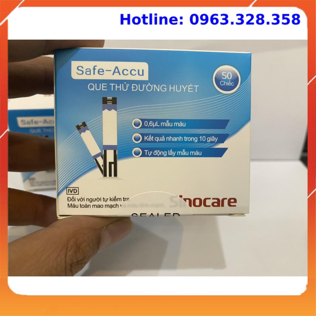 Que thử đường huyết hộp 50 que safe accu, tặng kèm 50 kim chính hãng SINOCARE, độ chính xác cực cao