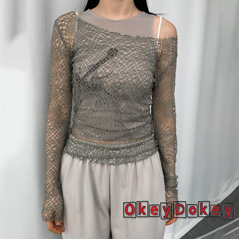 Áo Thun Nữ Tay Dài Hở Vai y2k Họa Tiết Học Viện Mỹ Thuật Màu Tối Cá Tính