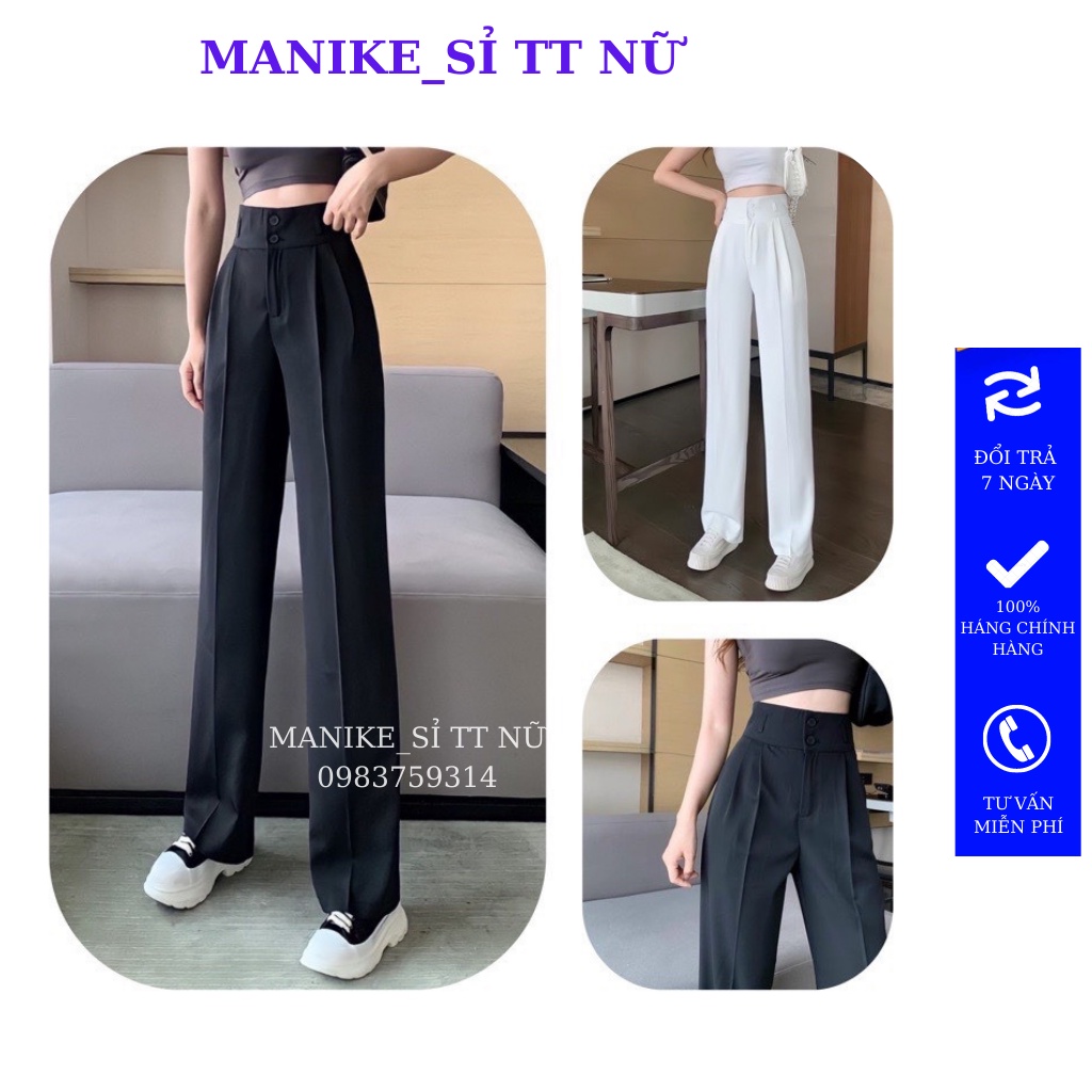 Quần Ống Rộng Cạp Cao 2 Cúc,Quần Ống Suông Lưng Cao Kiểu Hàn Quốc Trẻ Trung Đơn Giản Thời Trang Cho Nữ