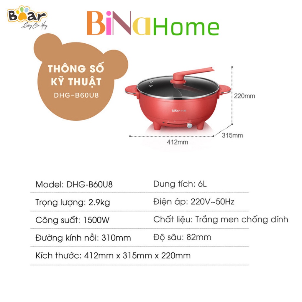 Nồi Lẩu Uyên Ương 2 Ngăn Bear 6L BINAHOME