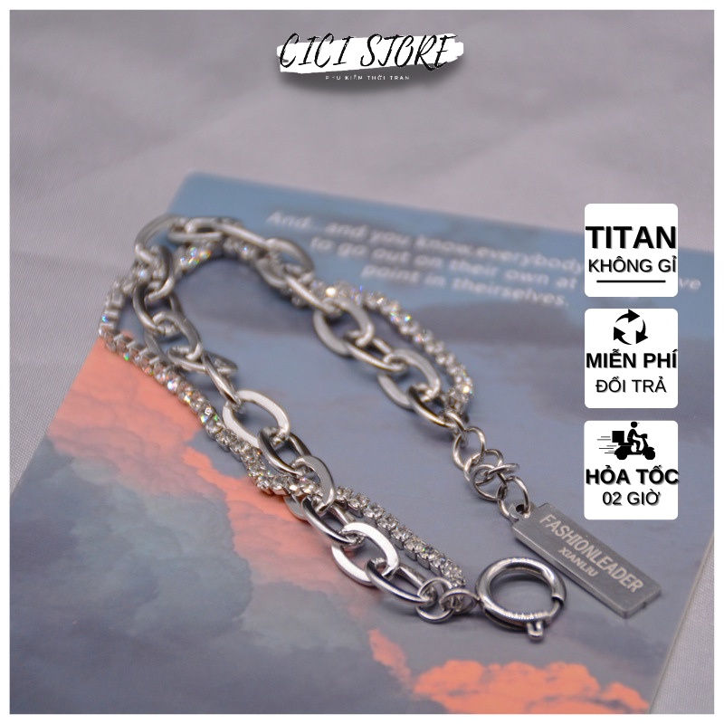 Vòng Đeo Tay Nam Nữ Hai Lớp Thép Titan Rhinestone