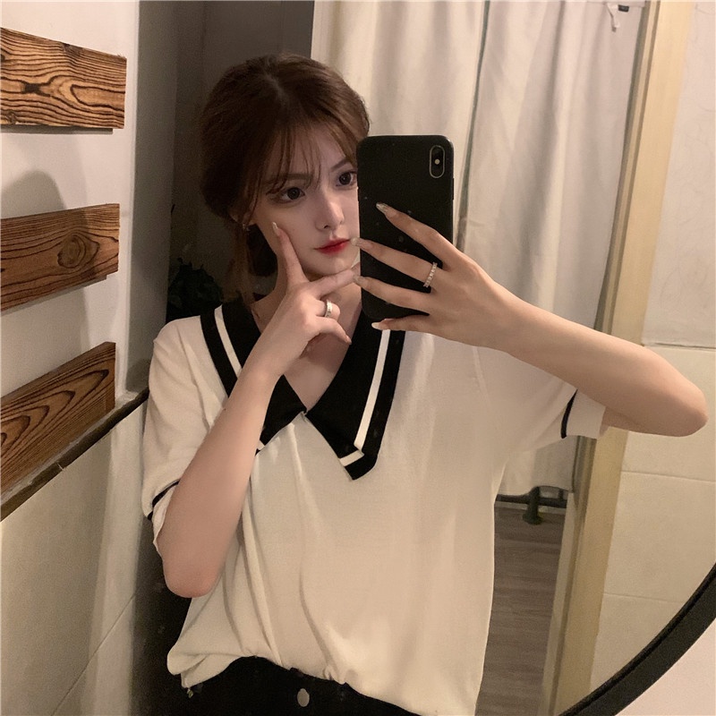 Áo dệt kim ZHELIHANGFEI tay ngắn cổ búp bê màu tương phản phong cách phương Tây thời trang mùa hè 2022 cho nữ