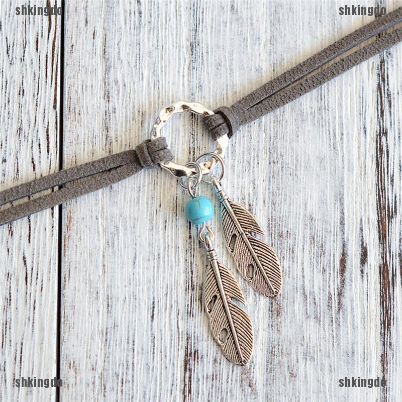 Vòng cổ choker mặt dây hình lông vũ bằng kim loại phong cách Bohemian