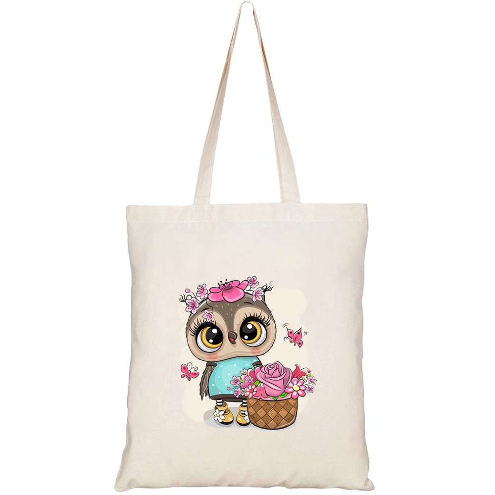 Túi vải tote canvas HTFashion in hình cute cartoon owl flowers on HT365
