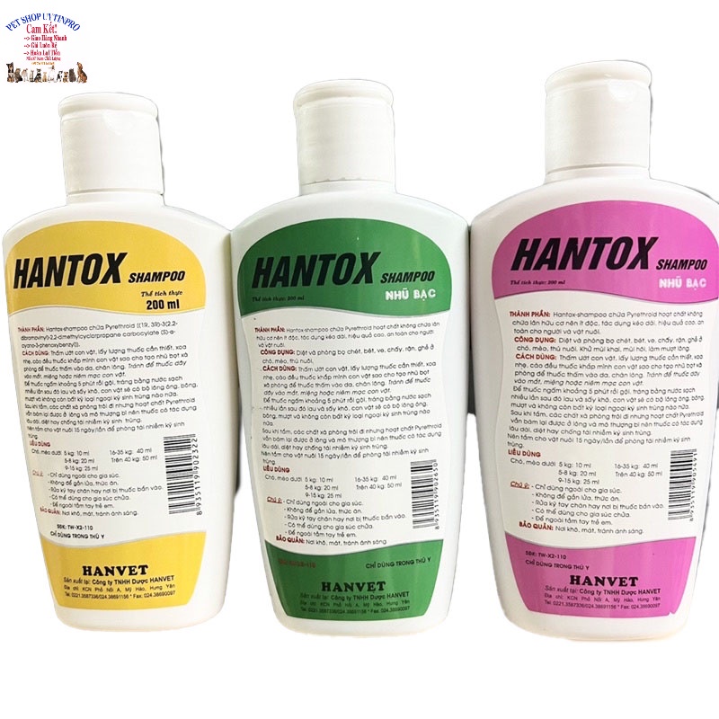 Sữa tắm trị ve, rận, bọ chét, ghẻ trên Chó Mèo Pet Thú Cưng HANTOX SHAMPOO Nhũ bạc Chai 200ml Sx tại Hanvet VN