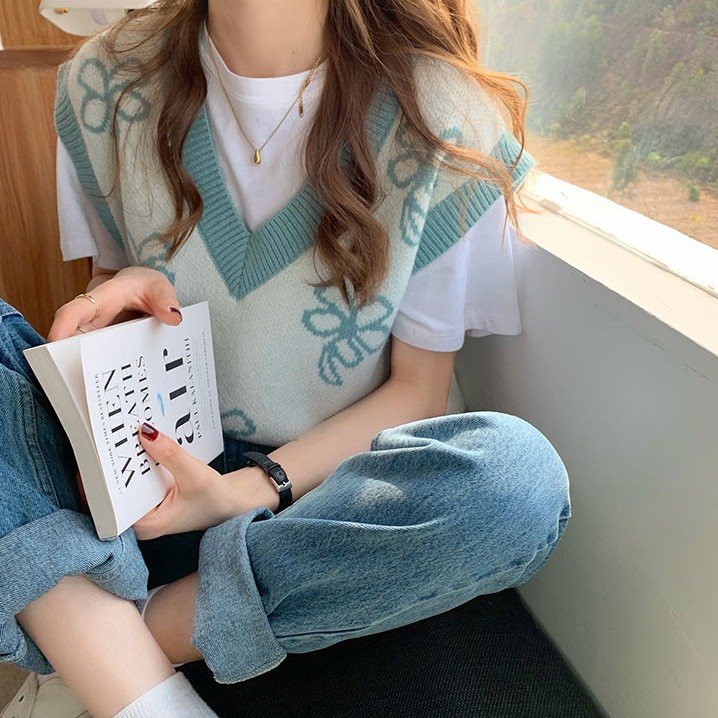 Áo Sweater Không Tay Cổ Chữ V Họa Tiết Hoa Xinh Xắn Cho Nữ | BigBuy360 - bigbuy360.vn