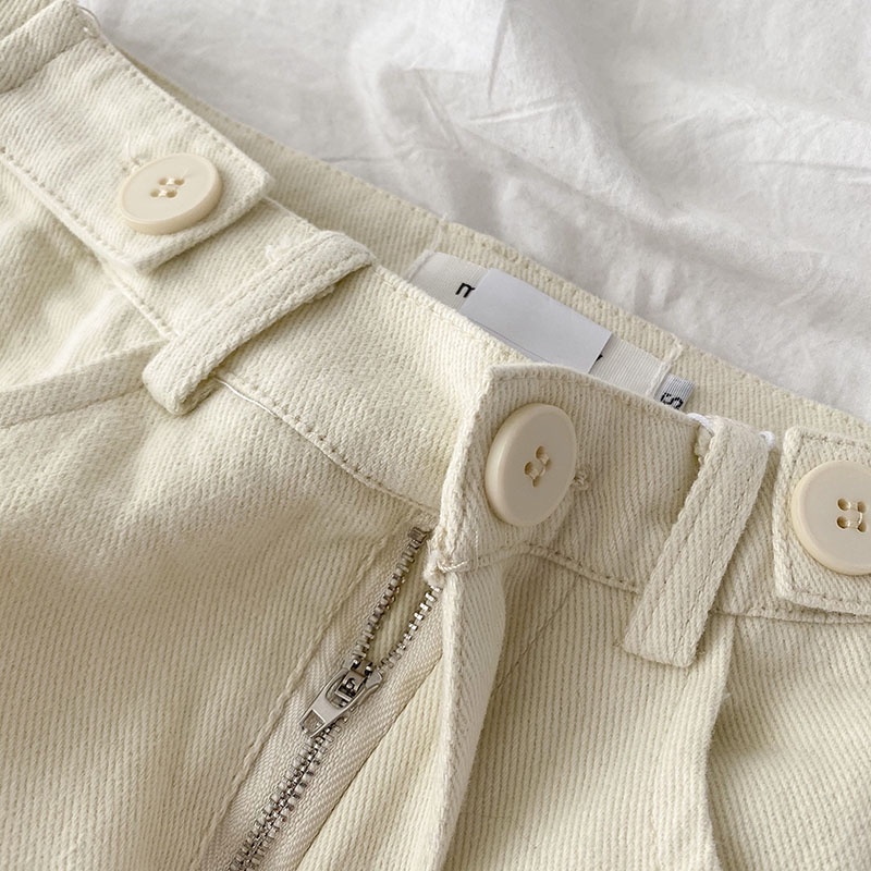 Kumi.vn quần jeans suông lưng cao có nút chỉnh eo, jeans mềm