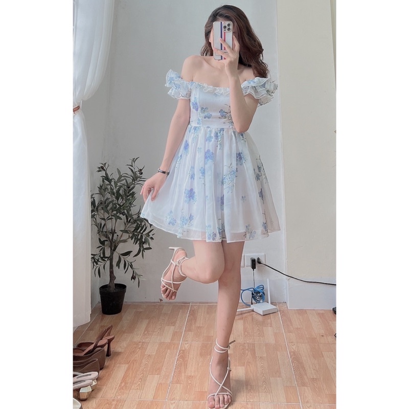 Đầm - váy voan tơ hoa xanh trễ vai