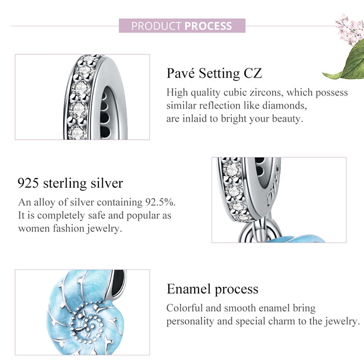 Mặt trang sức Bamoer SCC1560 bằng bạc 925 hình ốc xà cừ màu xanh dương dùng làm vòng tay dễ thương cho nữ