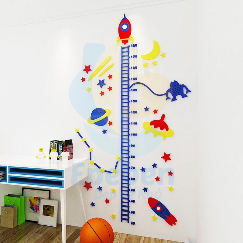 Tranh dán tường mica 3d decor khổ lớn Thước đo chiều cao cho bé tàu vũ trụ cầu Nhiều Size - EPeBen