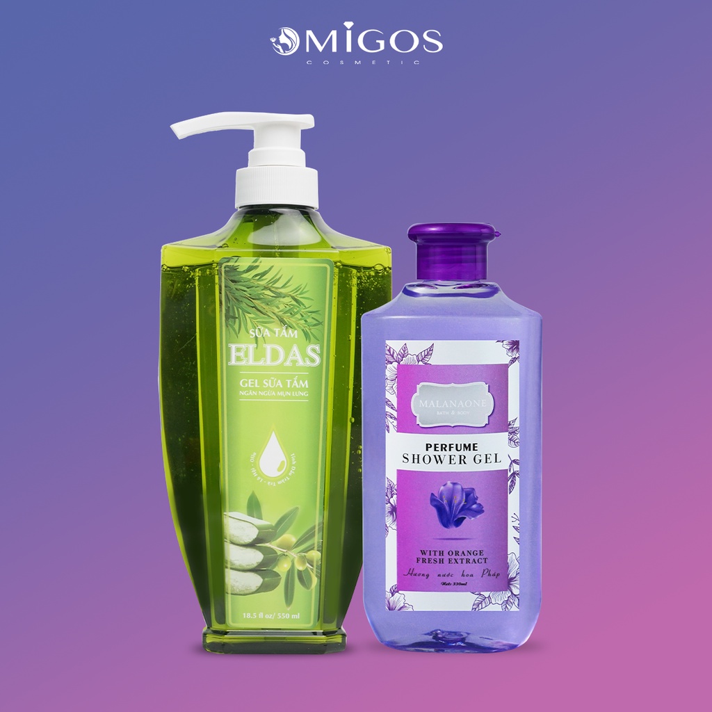 Bộ Đôi Sữa Tắm Ngừa Mụn Lưng Eldas 550ml/chai Và Sữa Tắm Nước Hoa Nhật Bản Malanaone Lưu Hương Bền Lâu 6h 330ml/chai