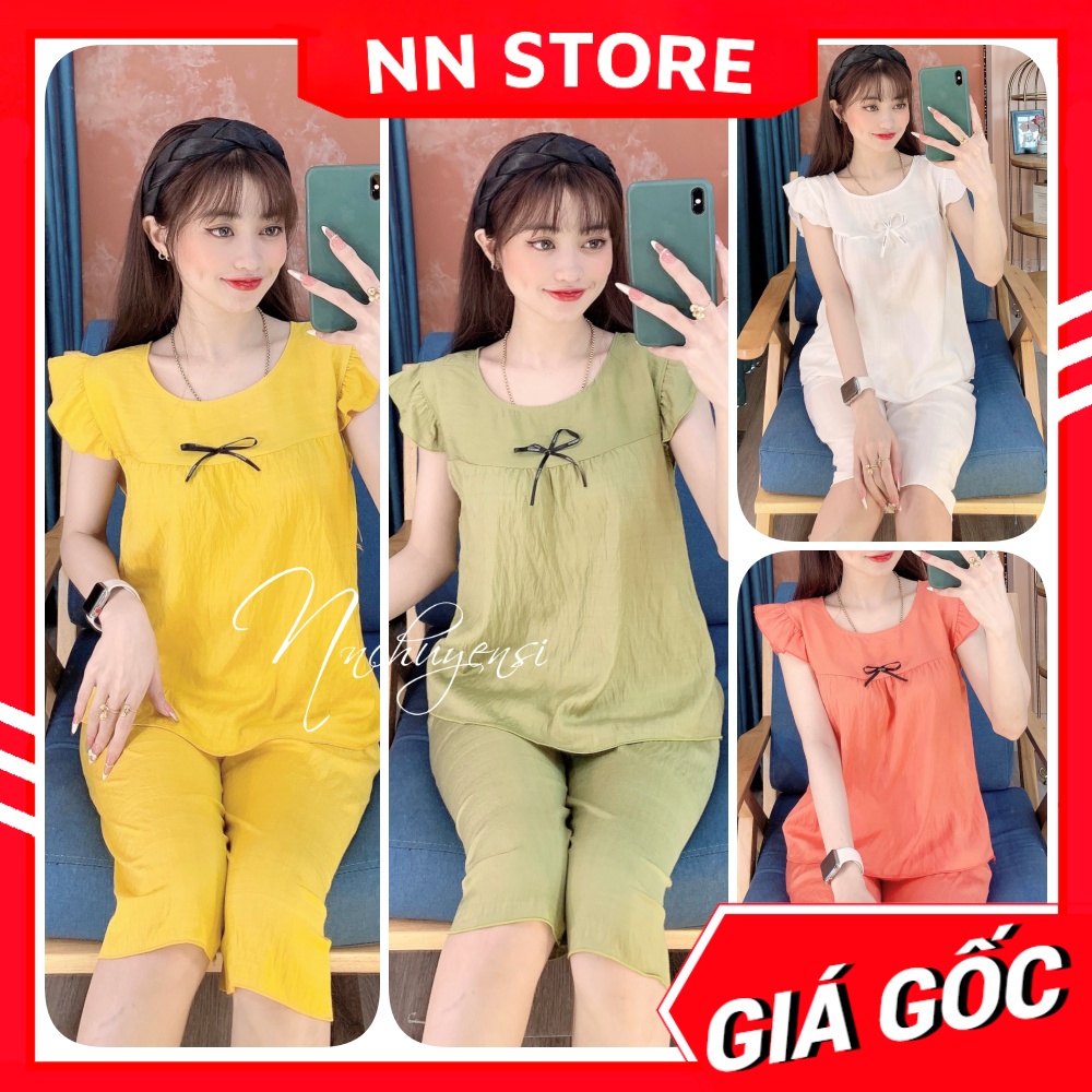 Đồ bộ nữ mặc nhà chất đũi mềm mát phối nơ bèo quần lửng dễ thương Bộ đũi lửng BKT166